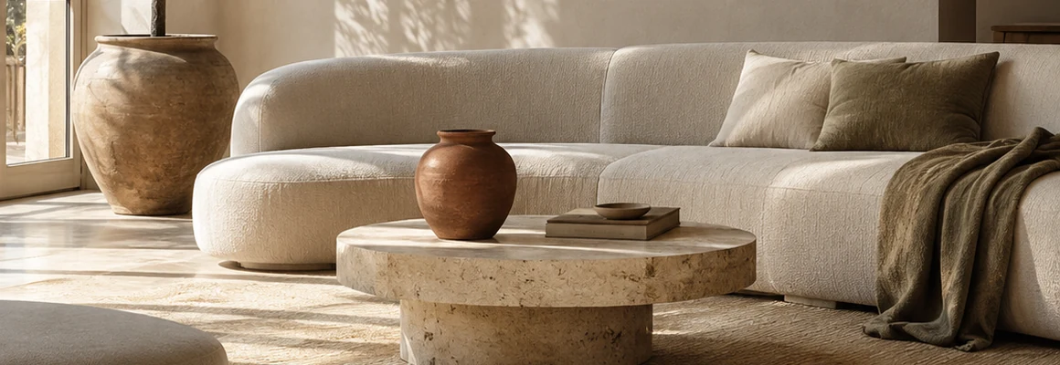 Sonniger Wohnraum mit Leinensofa, Steintisch und warmen Naturmaterialien